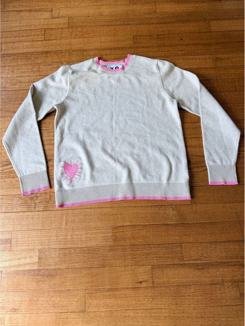 Kerri Rosenthal Cream/Beige Pink Sunshine Embroidered Heart & Writing Sweater
